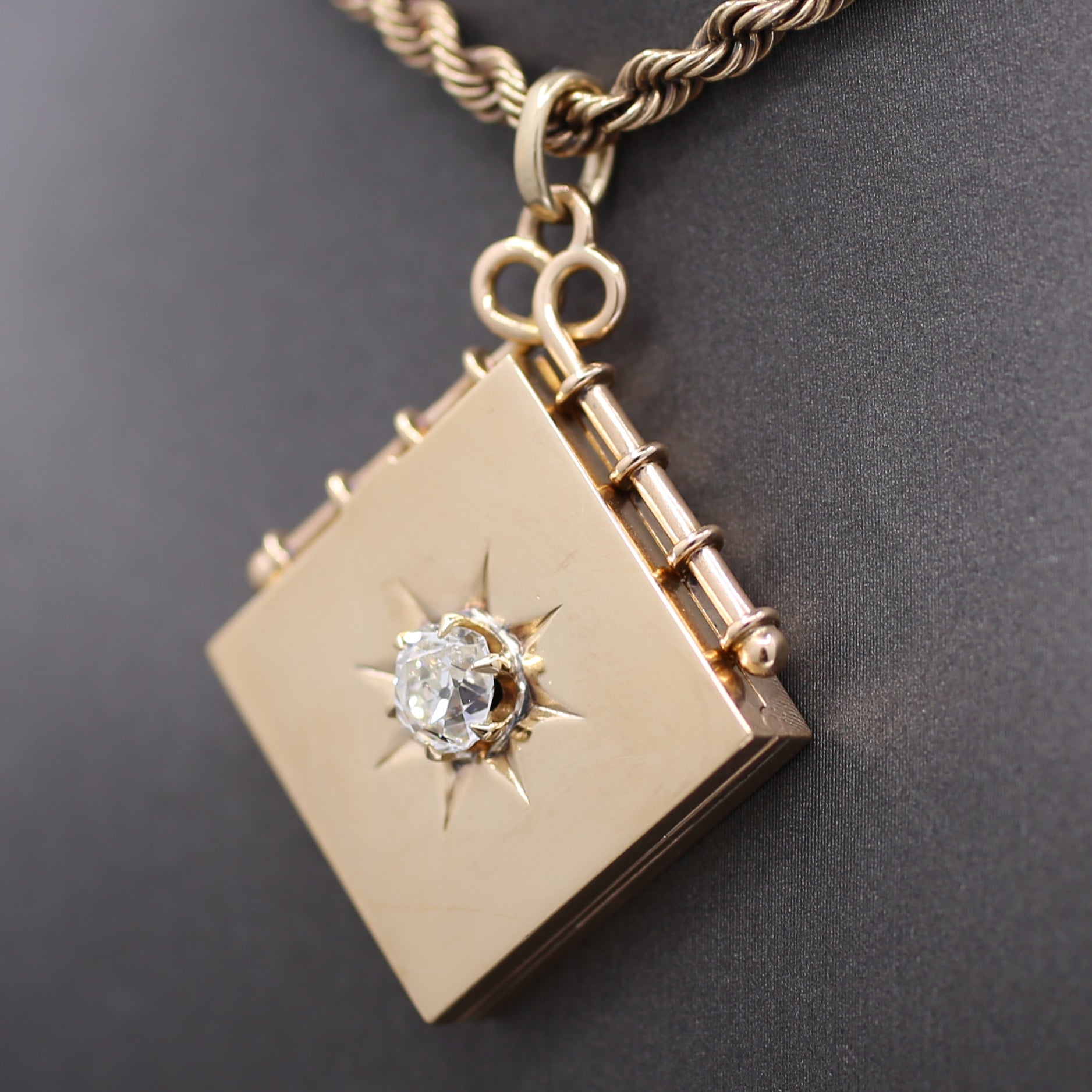 Exquisite Antique Victorian Square Locket with Old Mine Cut Diamond Center in 14k Rosy Yellow Gold