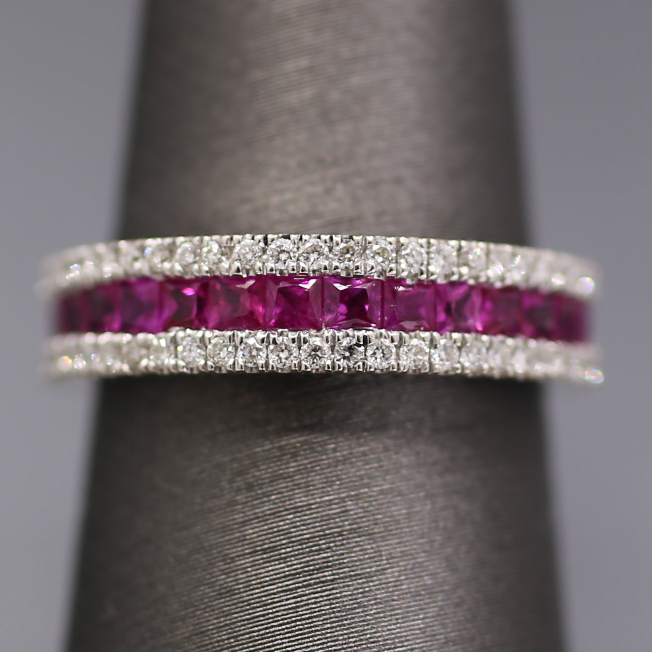Striking Natural Ruby and Diamond Band Ring in 18k White Gold