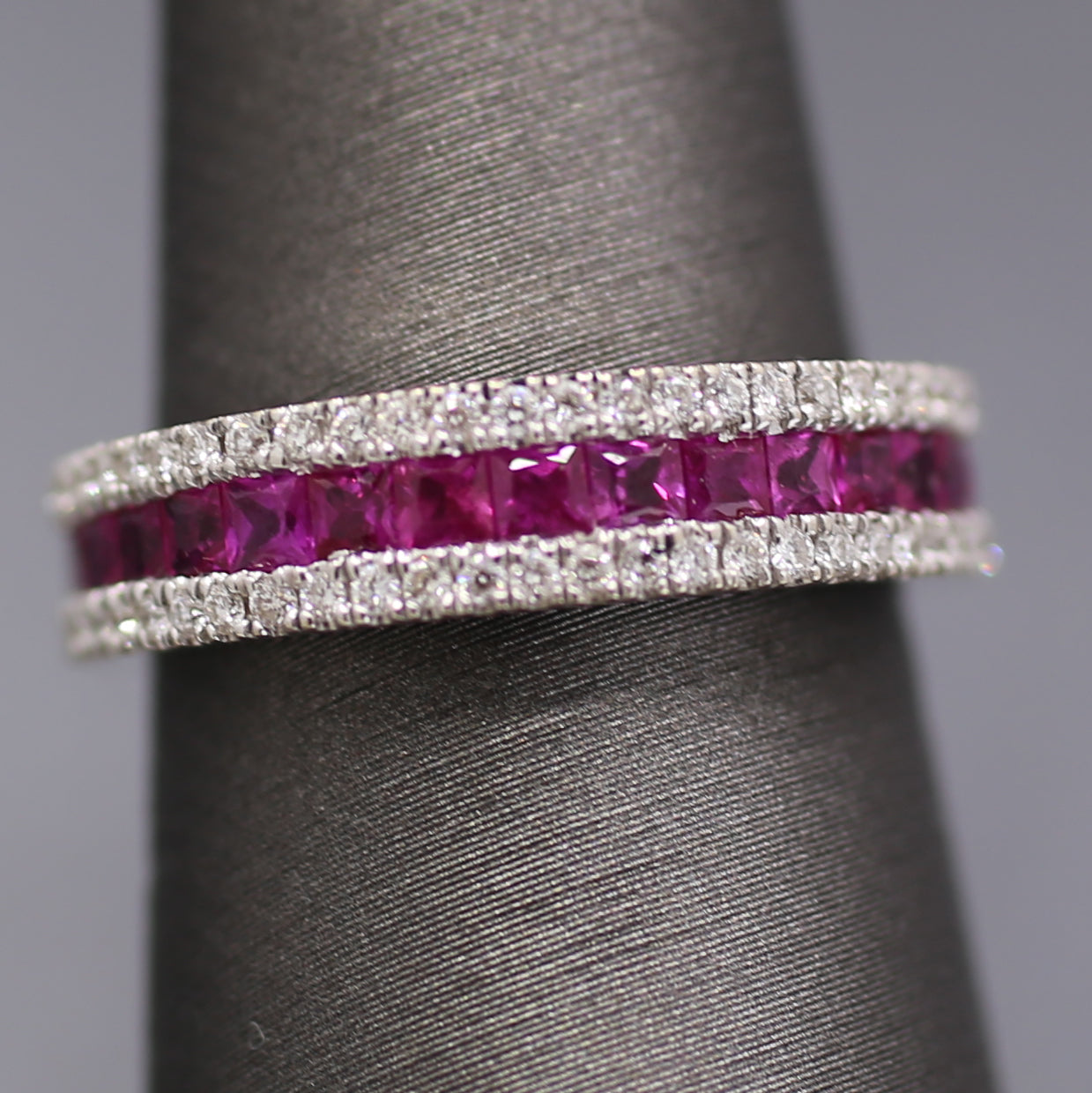 Striking Natural Ruby and Diamond Band Ring in 18k White Gold