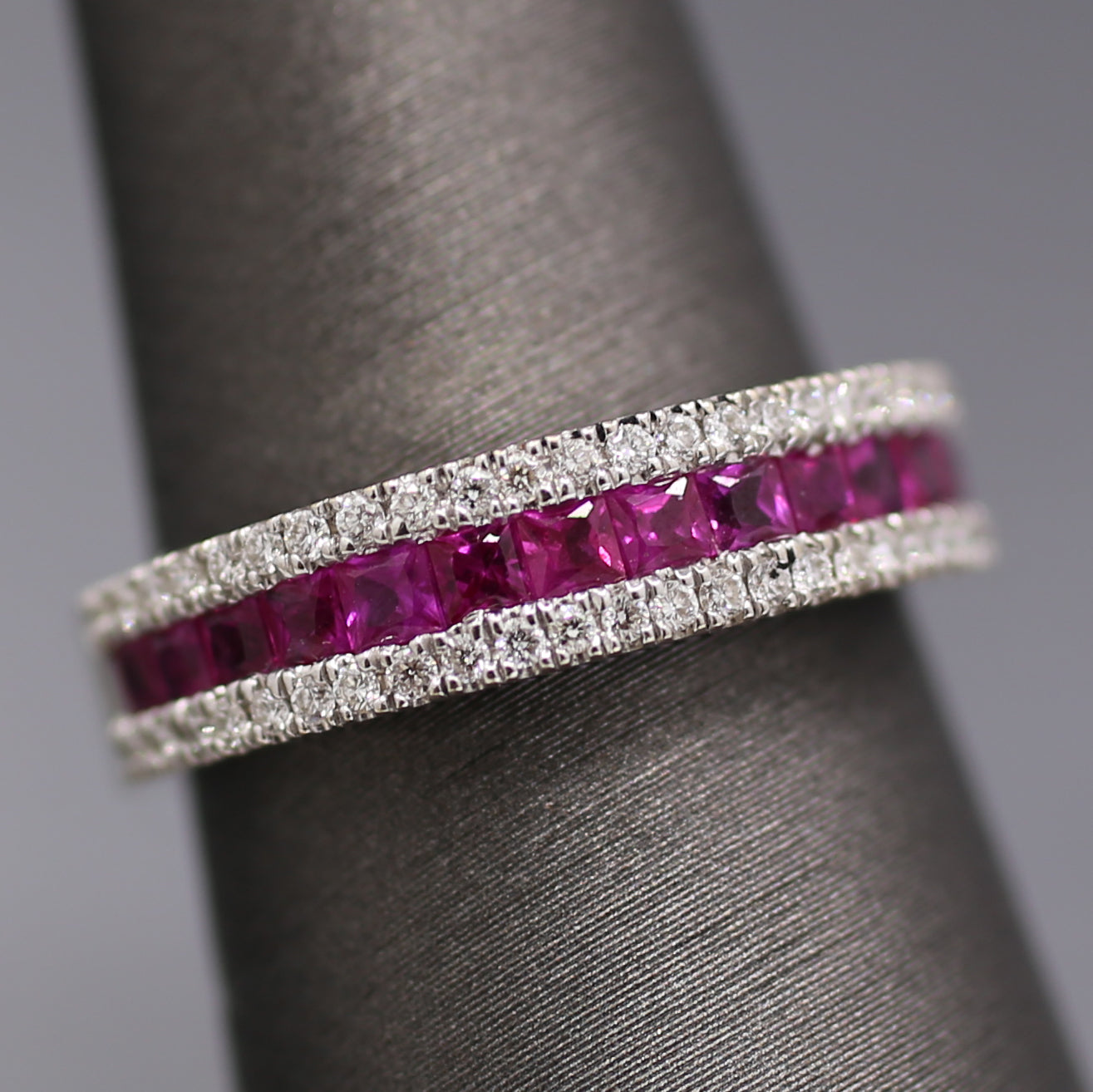 Striking Natural Ruby and Diamond Band Ring in 18k White Gold