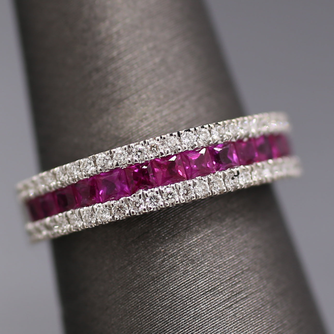 Striking Natural Ruby and Diamond Band Ring in 18k White Gold