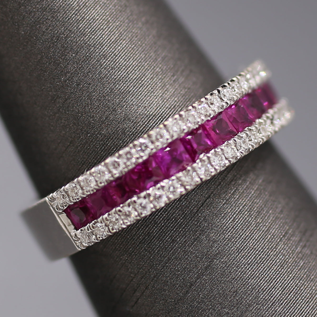 Striking Natural Ruby and Diamond Band Ring in 18k White Gold