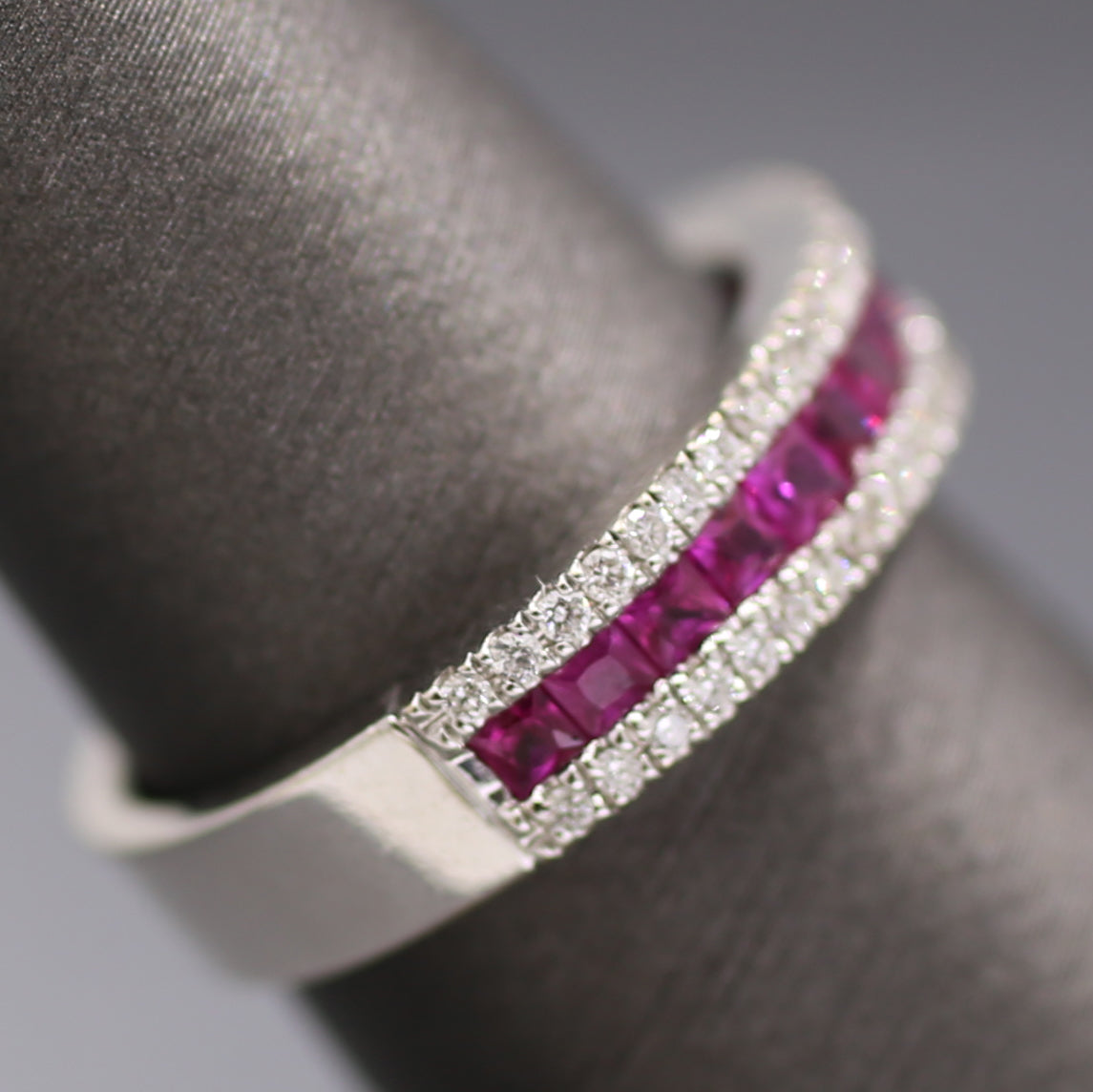Striking Natural Ruby and Diamond Band Ring in 18k White Gold