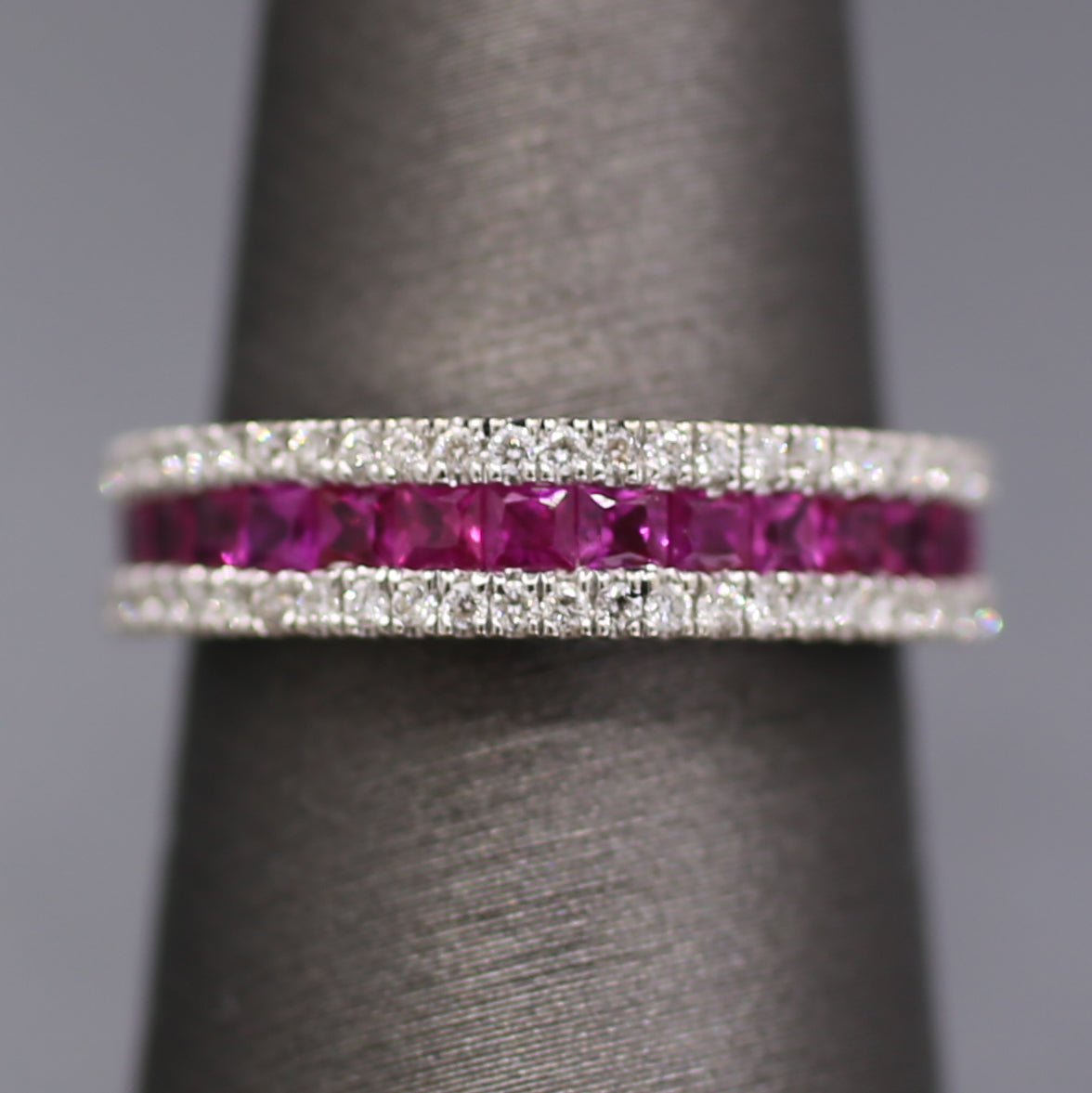 Striking Natural Ruby and Diamond Band Ring in 18k White Gold