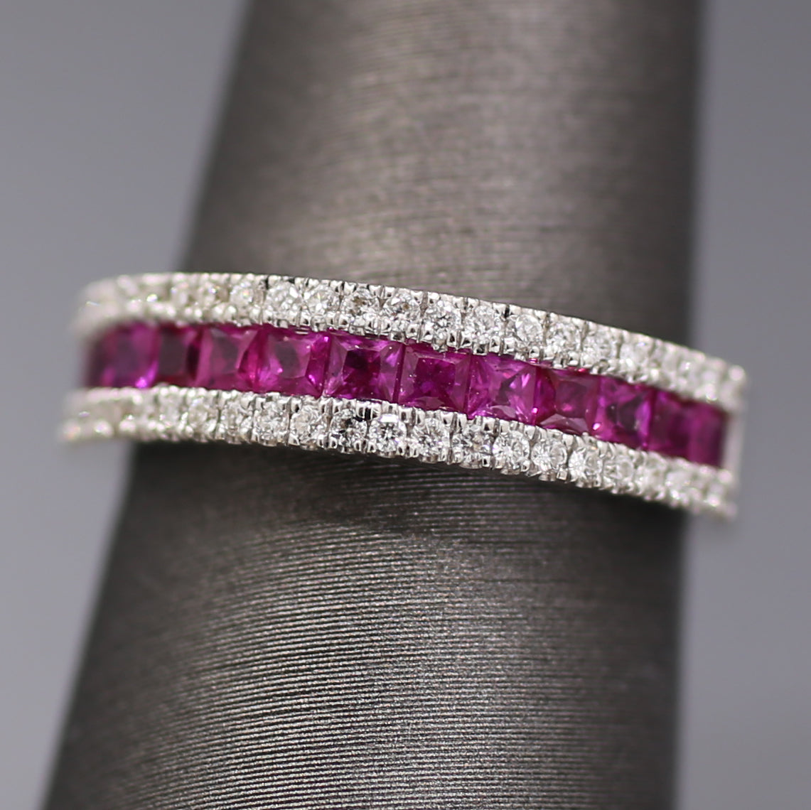 Striking Natural Ruby and Diamond Band Ring in 18k White Gold
