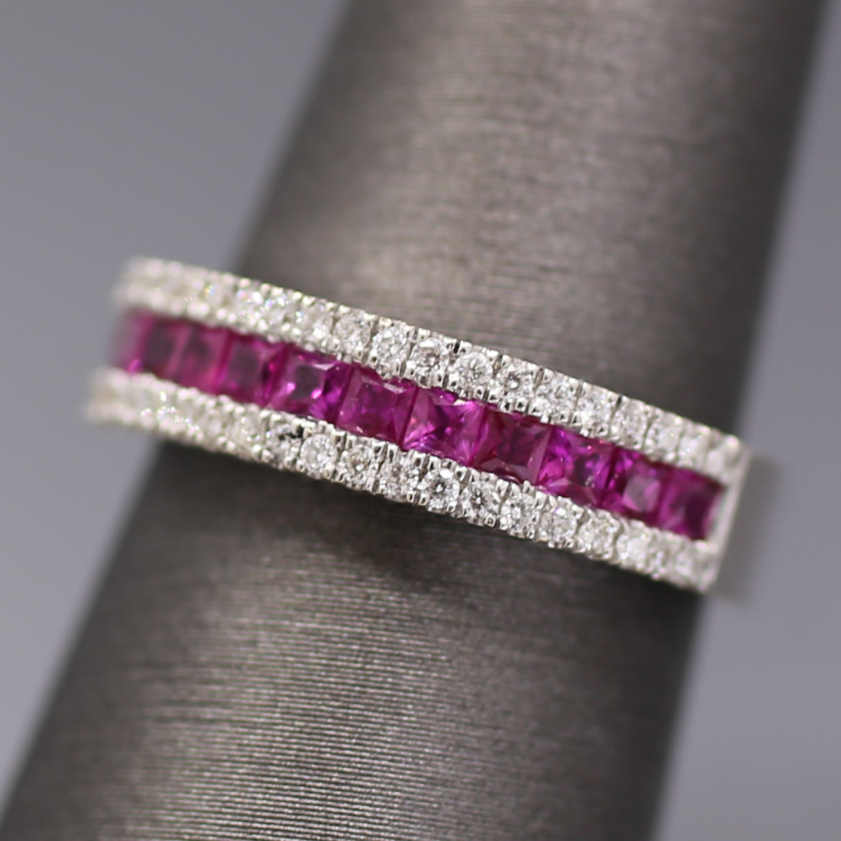 Striking Natural Ruby and Diamond Band Ring in 18k White Gold