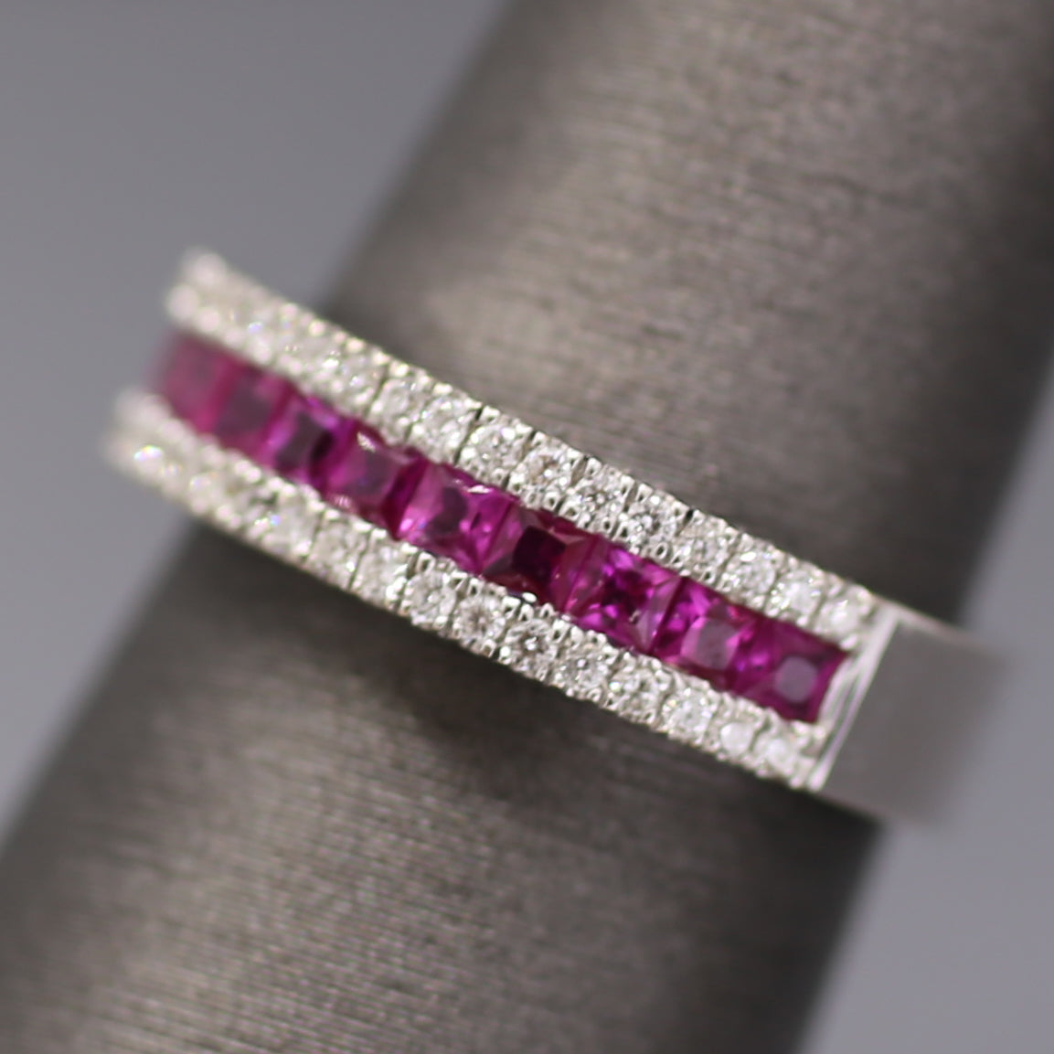 Striking Natural Ruby and Diamond Band Ring in 18k White Gold