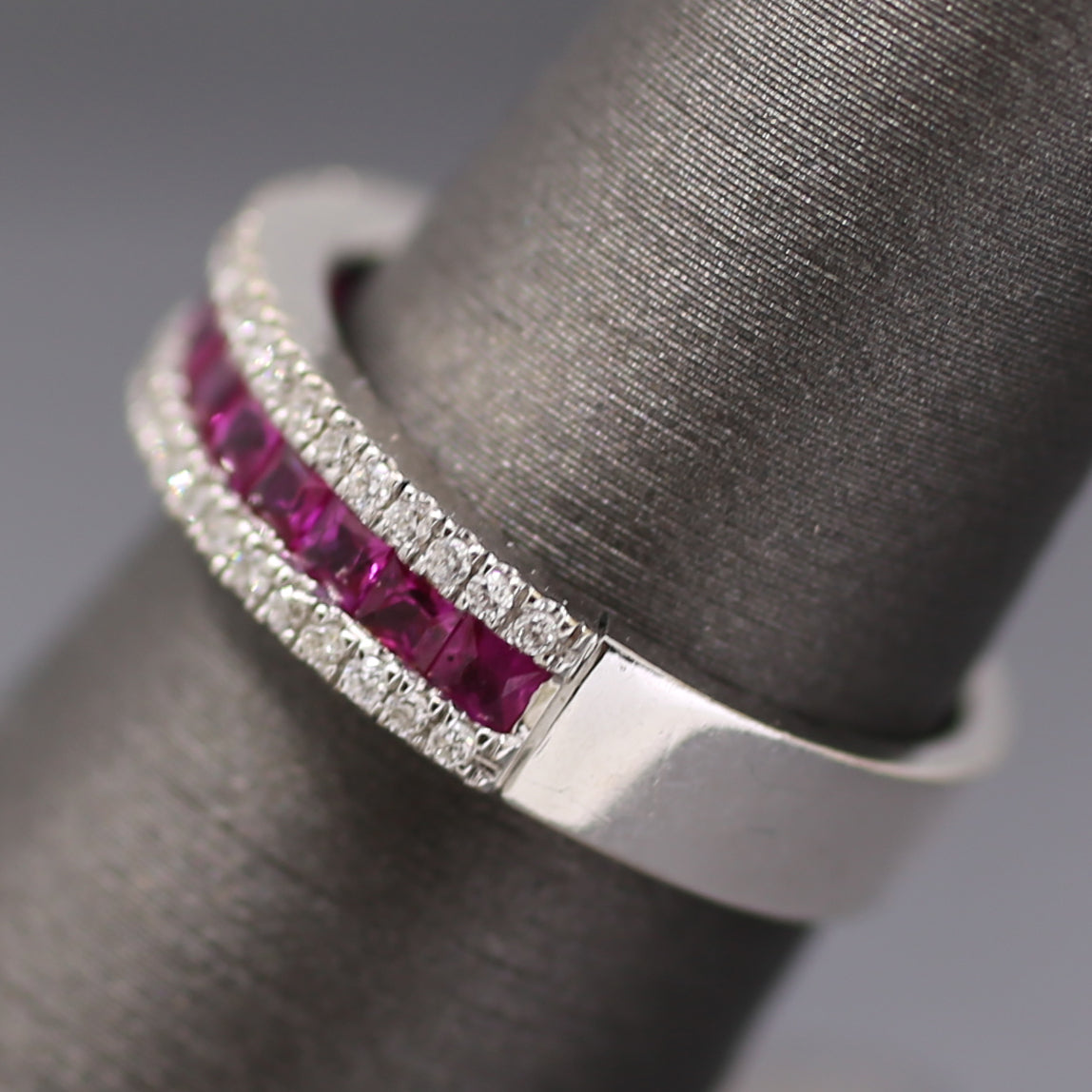 Striking Natural Ruby and Diamond Band Ring in 18k White Gold