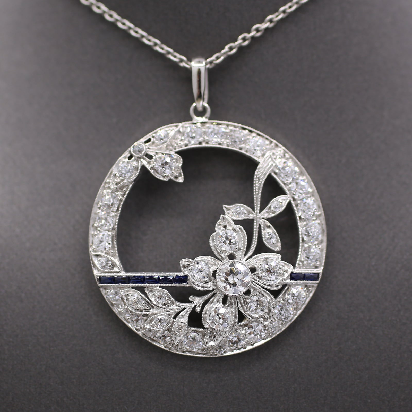 Exquisite Art Deco Old Cut Diamond and Sapphire Floral Pendant in Platinum