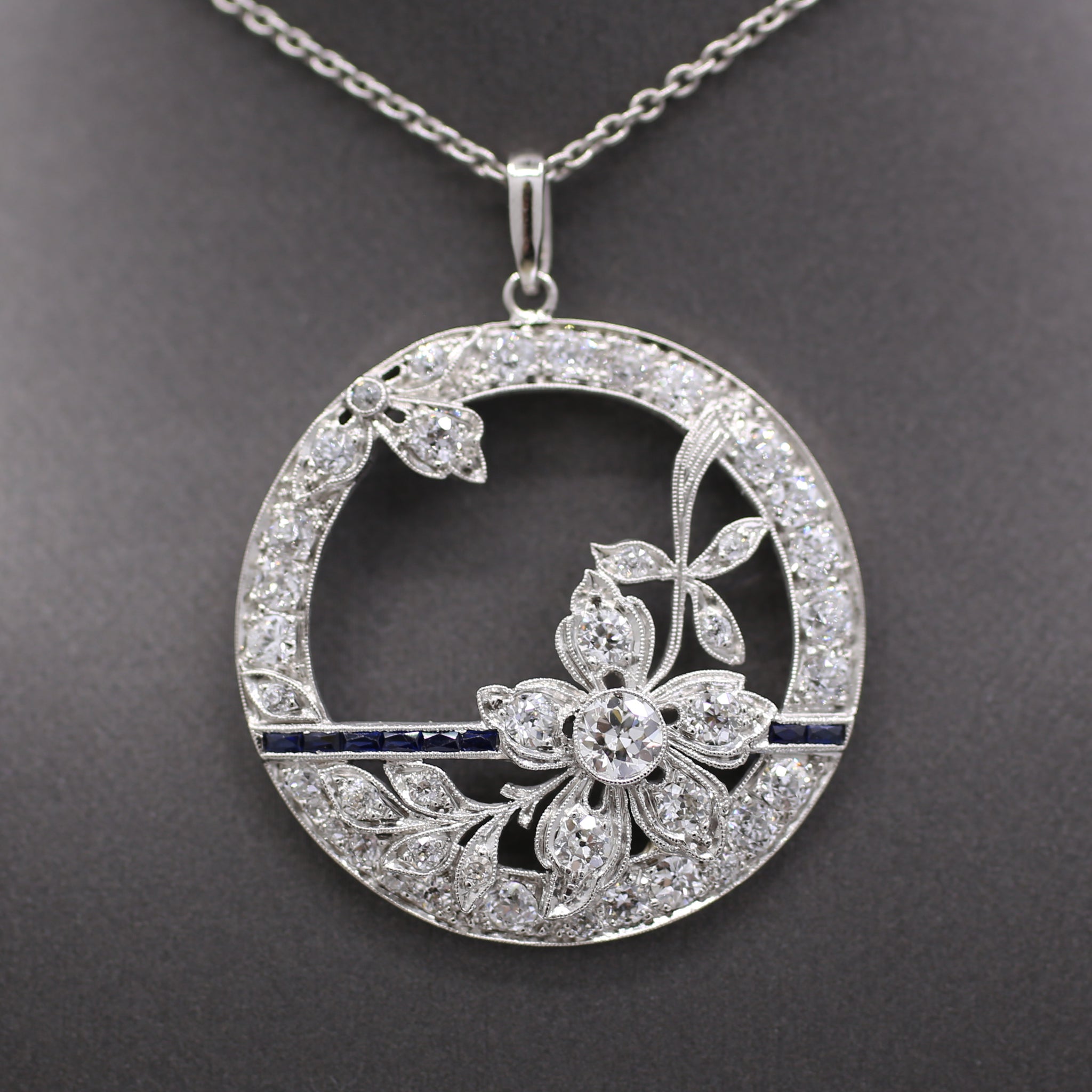 Exquisite Art Deco Old Cut Diamond and Sapphire Floral Pendant in Platinum