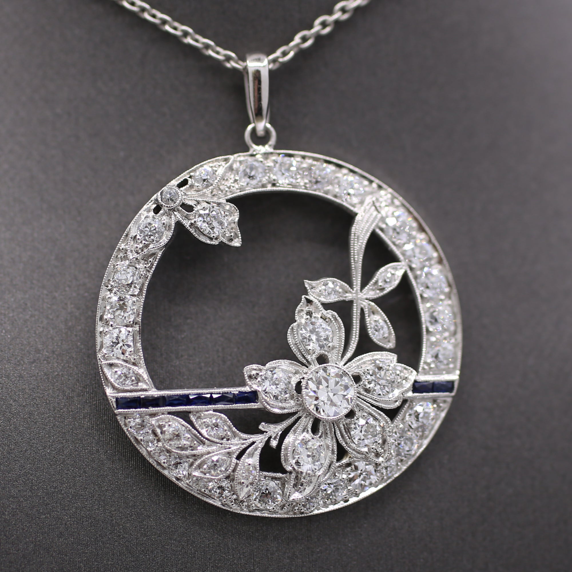 Exquisite Art Deco Old Cut Diamond and Sapphire Floral Pendant in Platinum