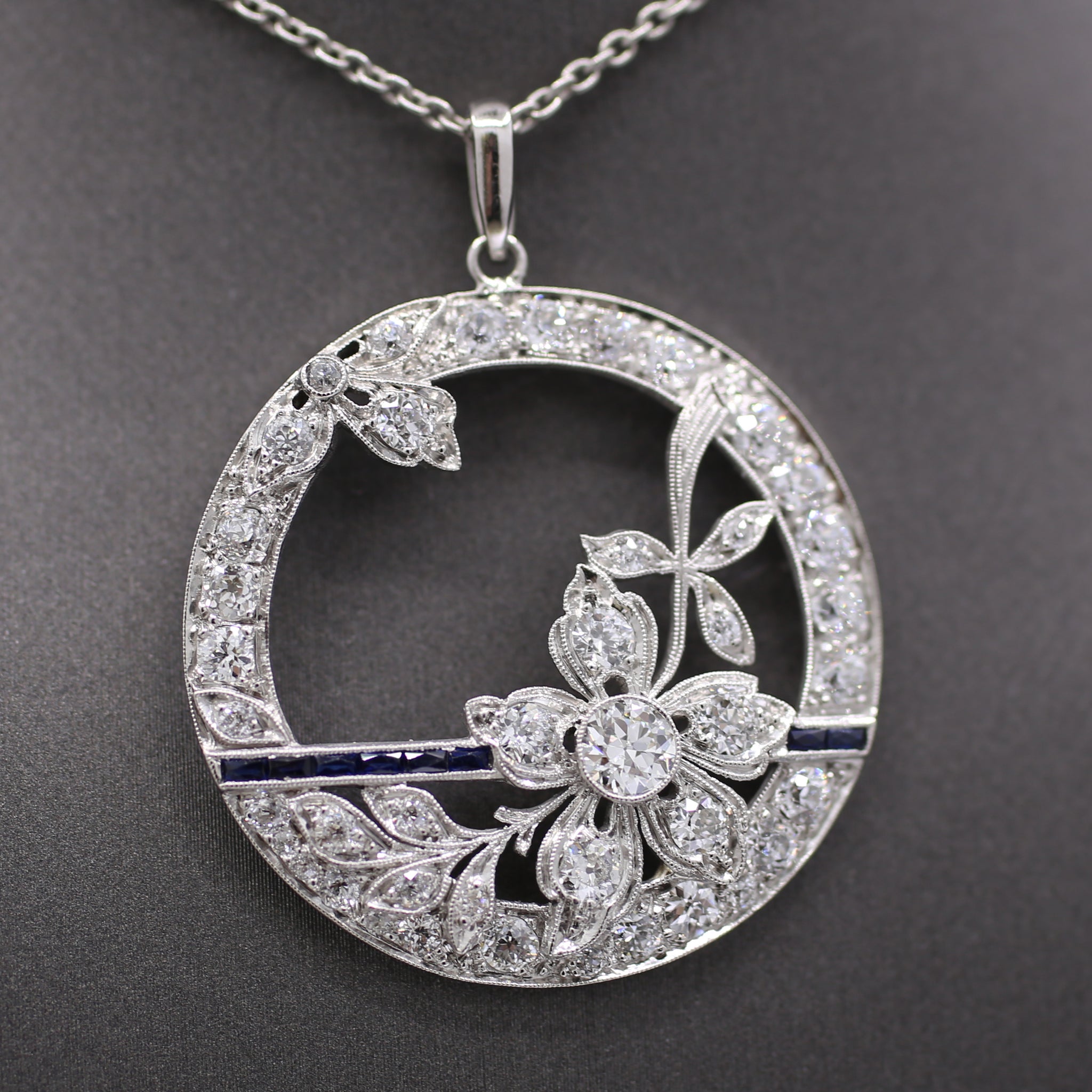Exquisite Art Deco Old Cut Diamond and Sapphire Floral Pendant in Platinum