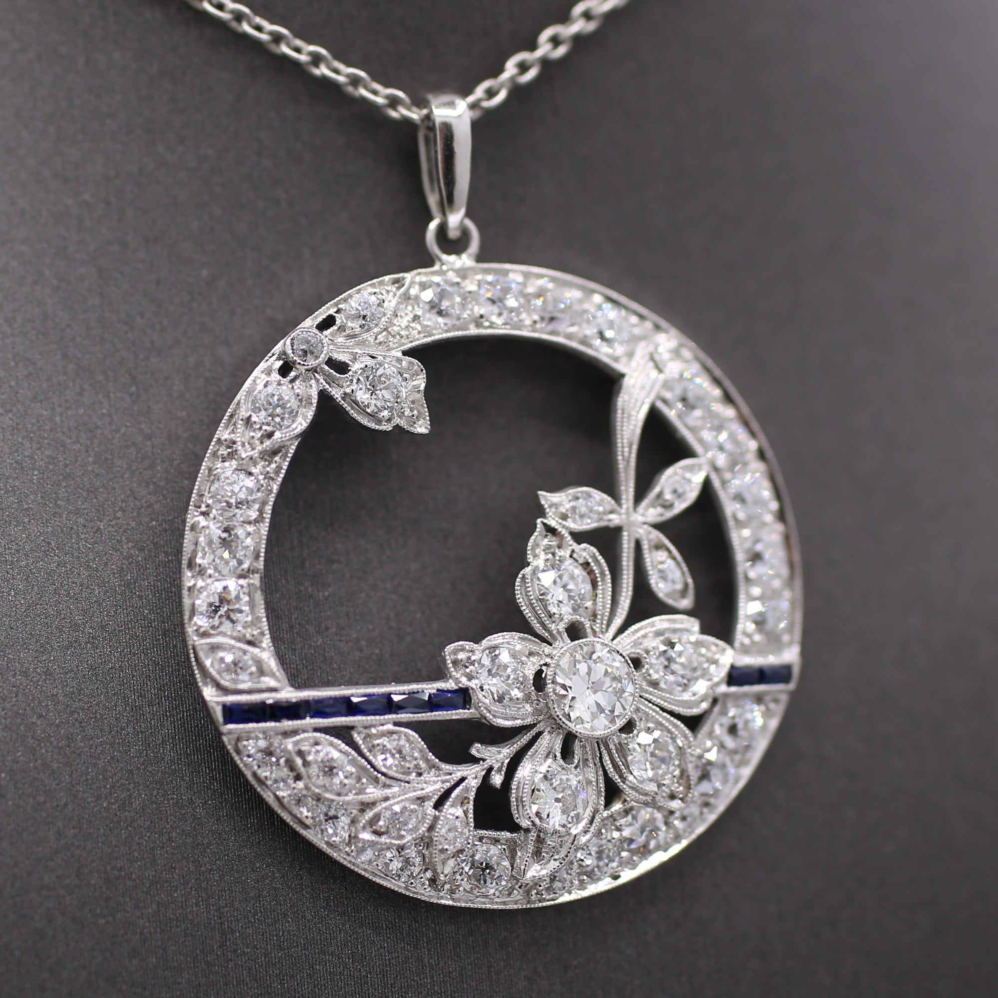 Exquisite Art Deco Old Cut Diamond and Sapphire Floral Pendant in Platinum