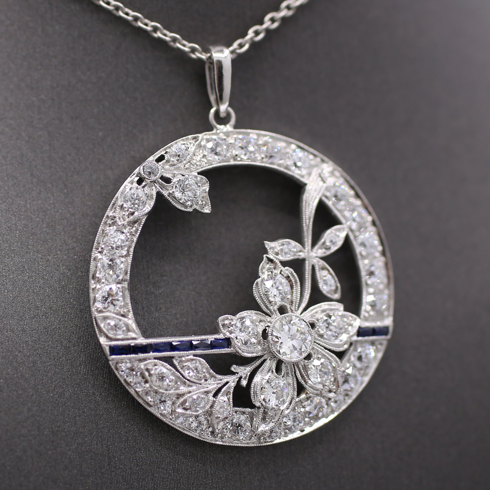 Exquisite Art Deco Old Cut Diamond and Sapphire Floral Pendant in Platinum