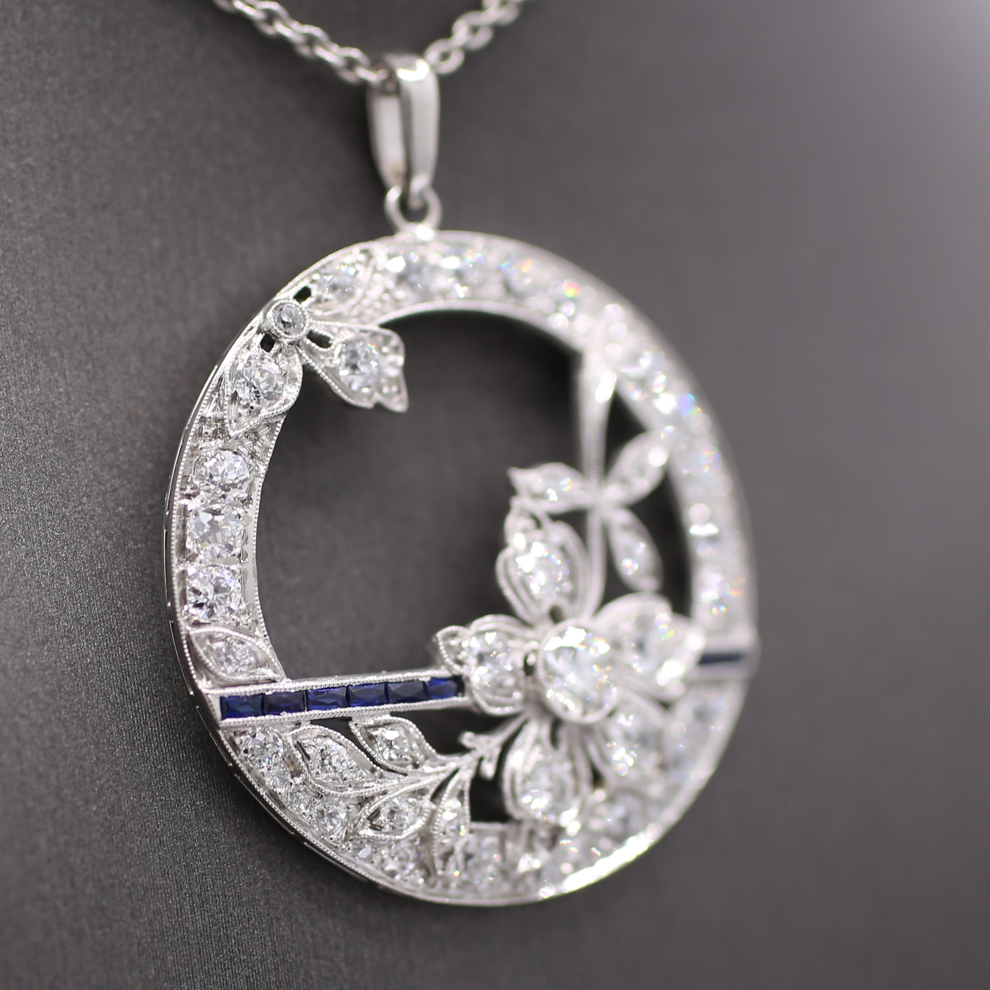 Exquisite Art Deco Old Cut Diamond and Sapphire Floral Pendant in Platinum