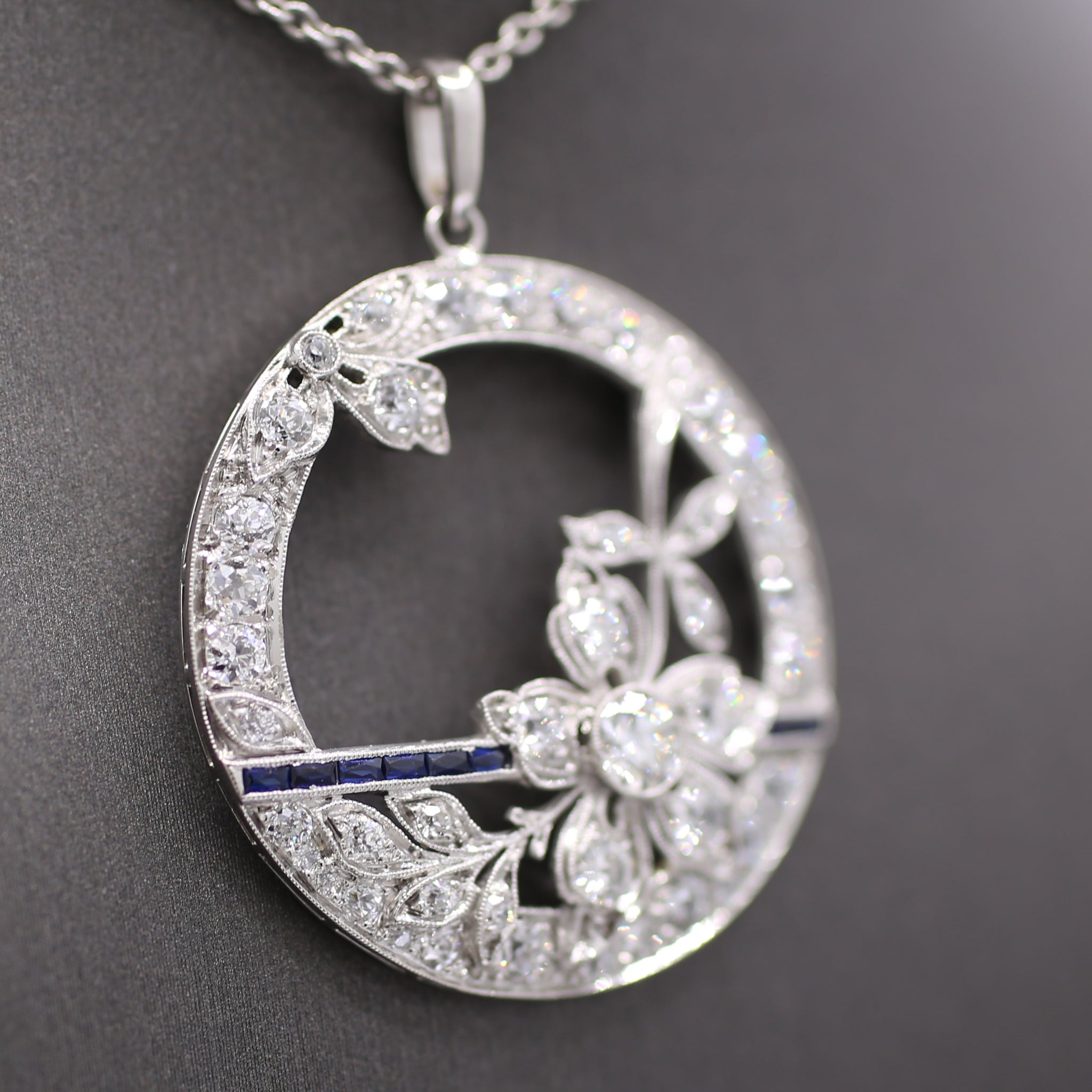 Exquisite Art Deco Old Cut Diamond and Sapphire Floral Pendant in Platinum
