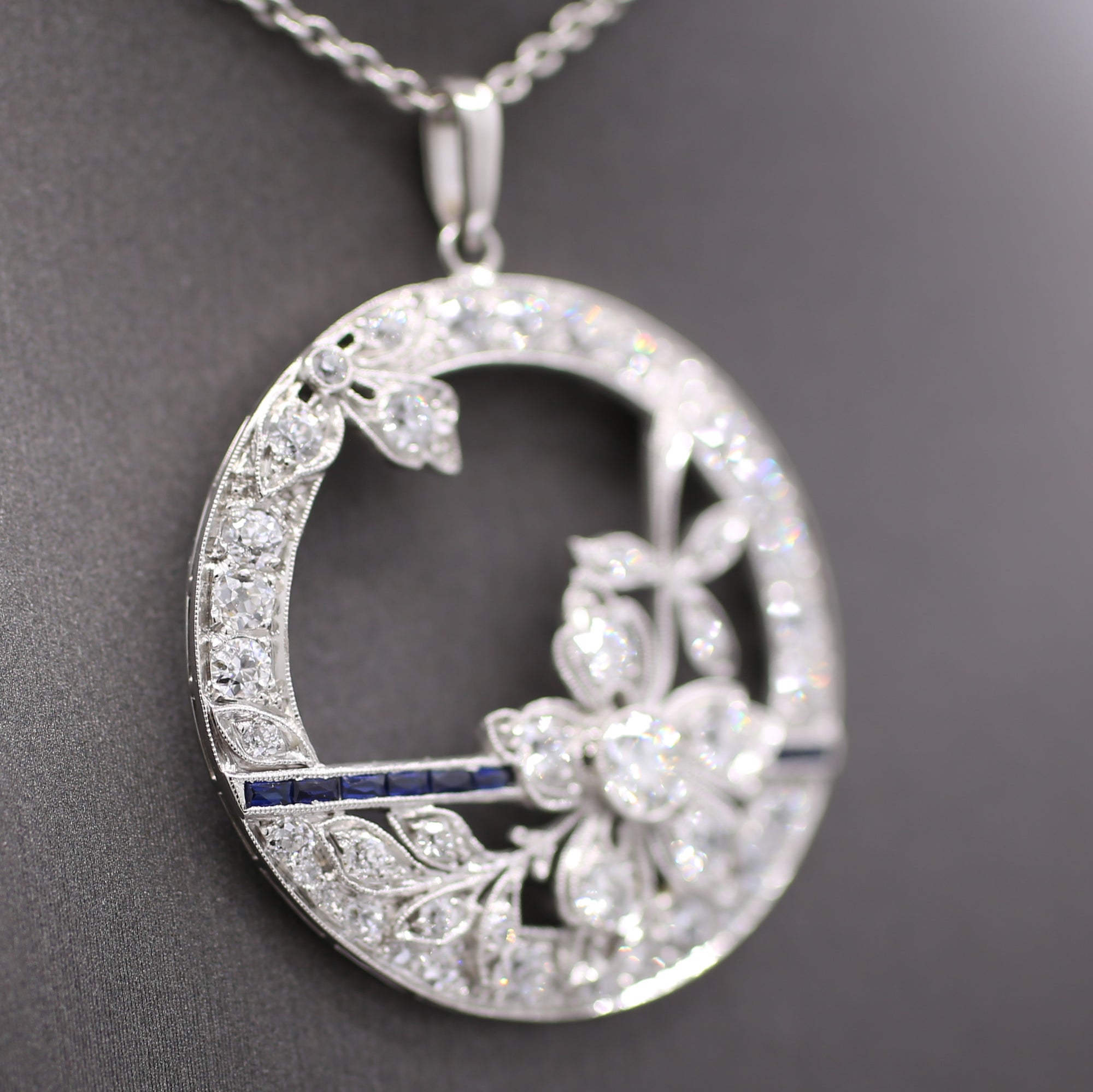 Exquisite Art Deco Old Cut Diamond and Sapphire Floral Pendant in Platinum