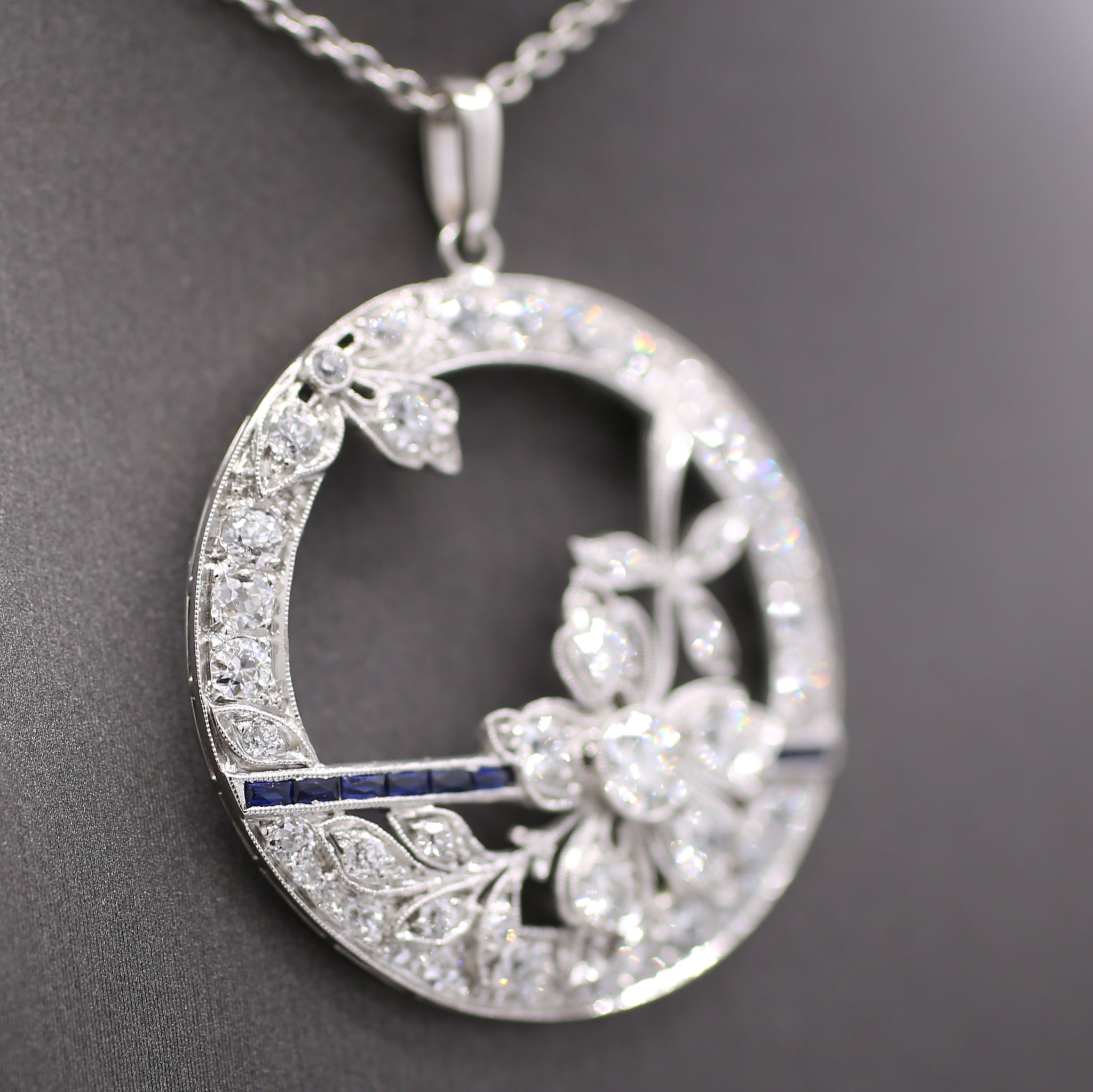 Exquisite Art Deco Old Cut Diamond and Sapphire Floral Pendant in Platinum