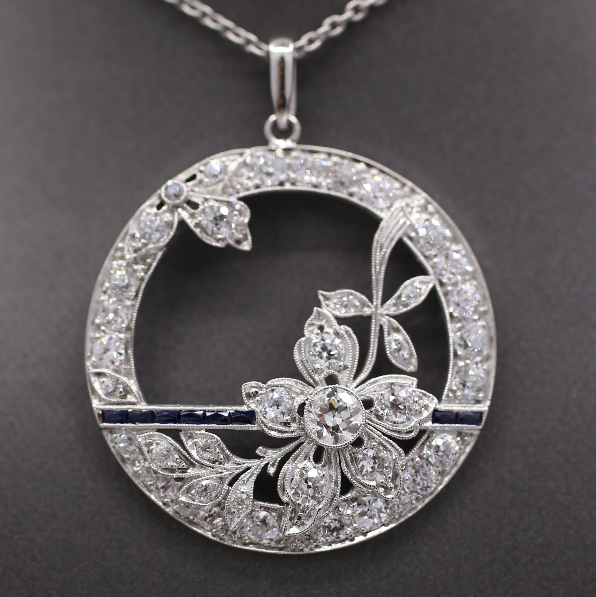 Exquisite Art Deco Old Cut Diamond and Sapphire Floral Pendant in Platinum