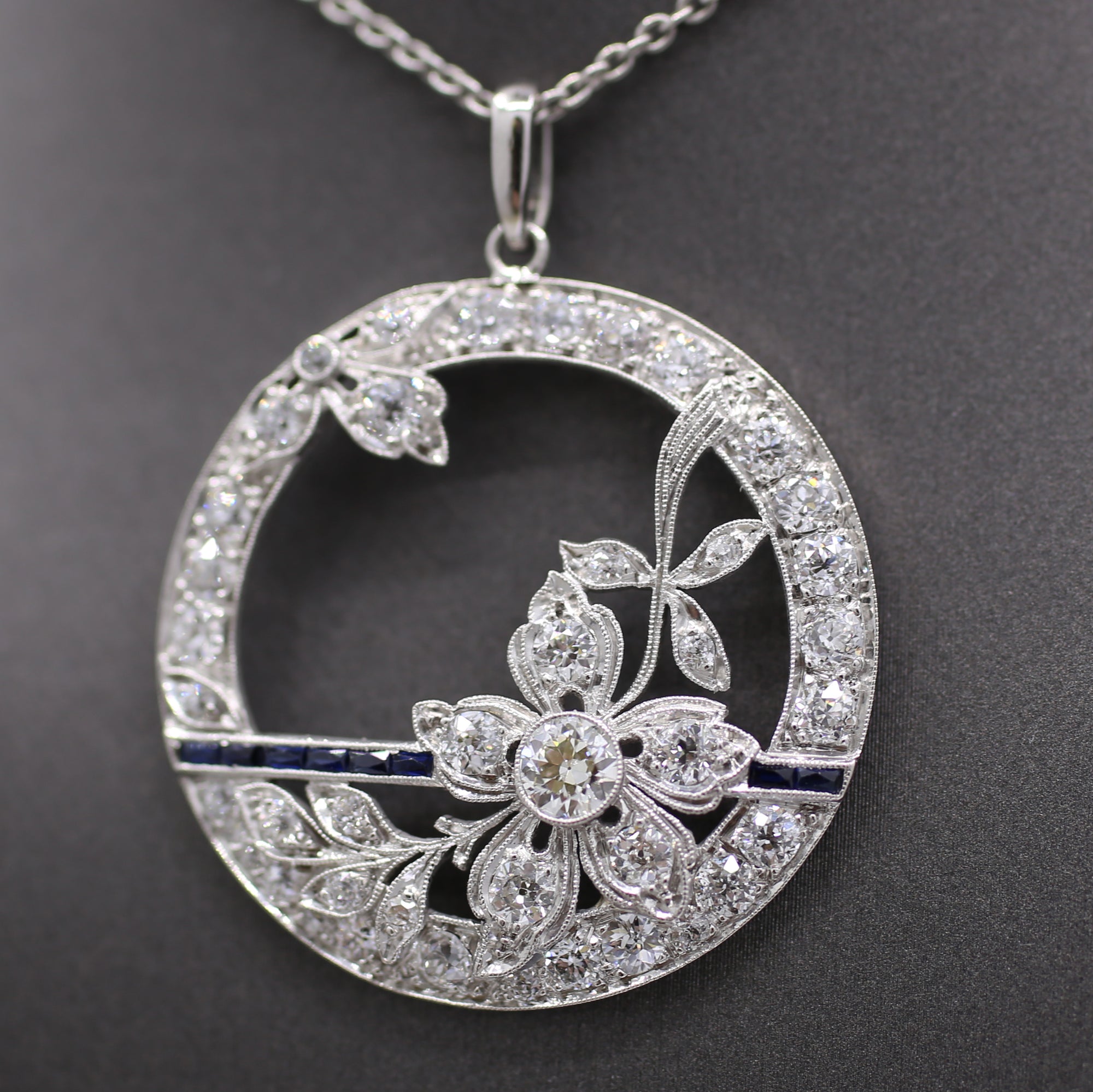 Exquisite Art Deco Old Cut Diamond and Sapphire Floral Pendant in Platinum