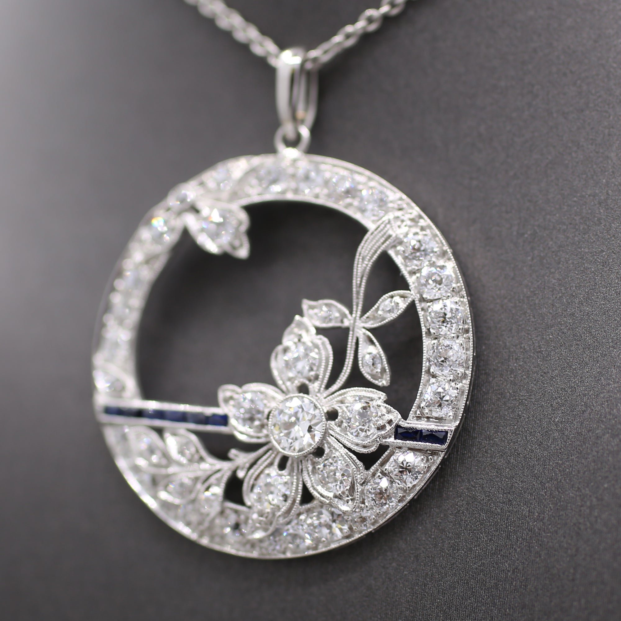 Exquisite Art Deco Old Cut Diamond and Sapphire Floral Pendant in Platinum