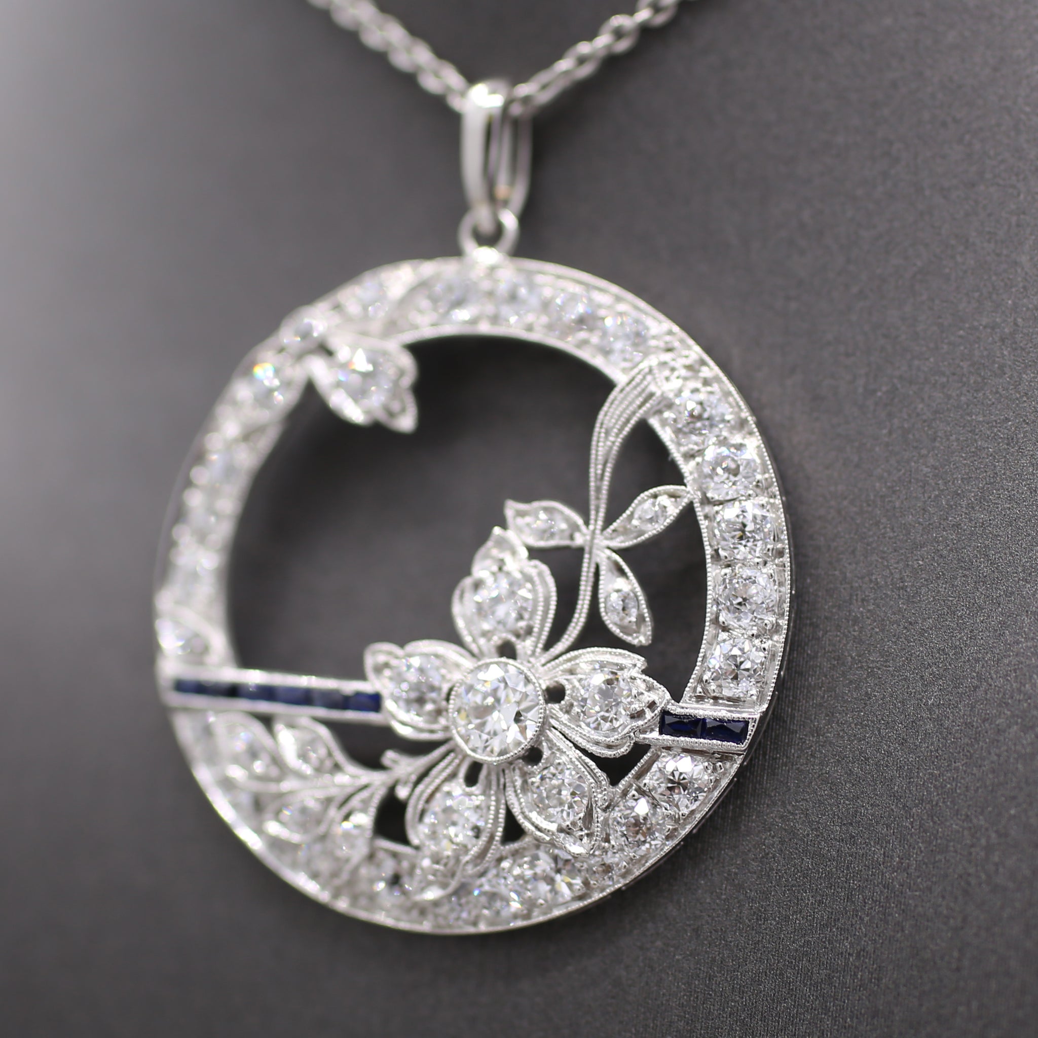 Exquisite Art Deco Old Cut Diamond and Sapphire Floral Pendant in Platinum