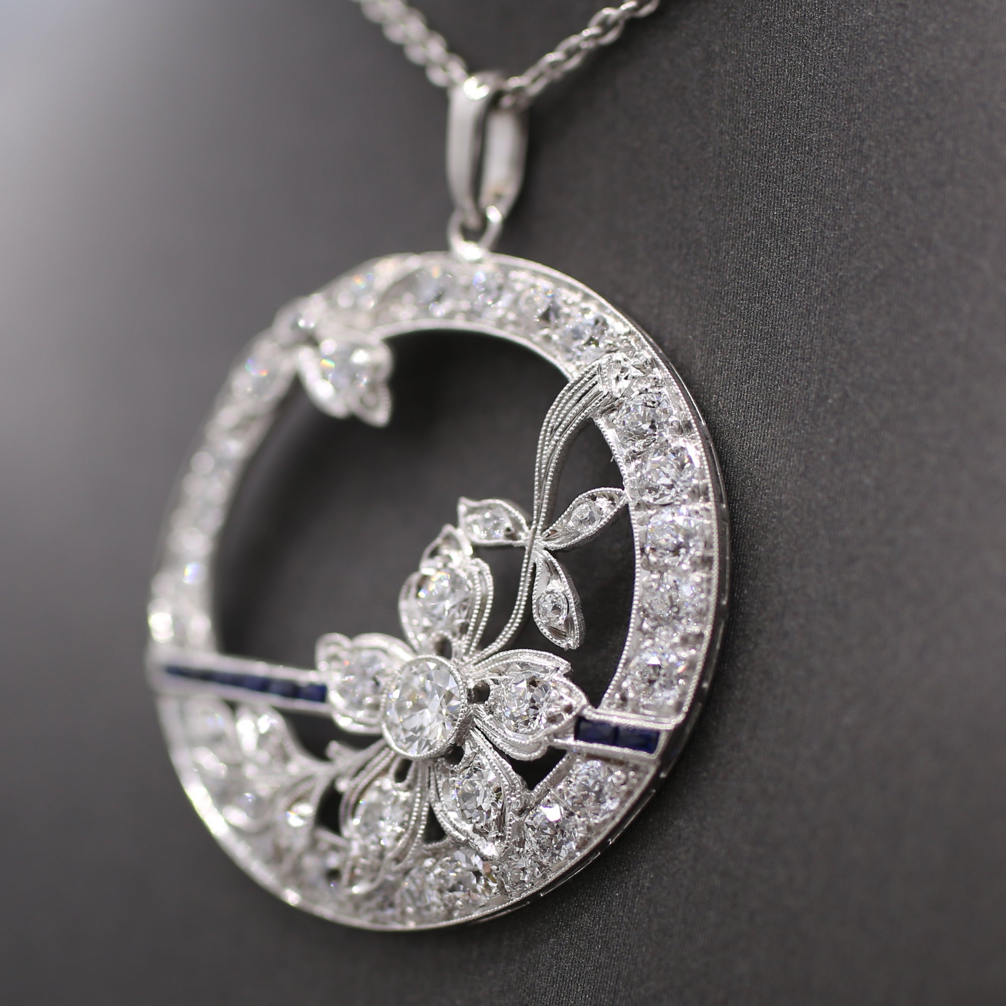 Exquisite Art Deco Old Cut Diamond and Sapphire Floral Pendant in Platinum