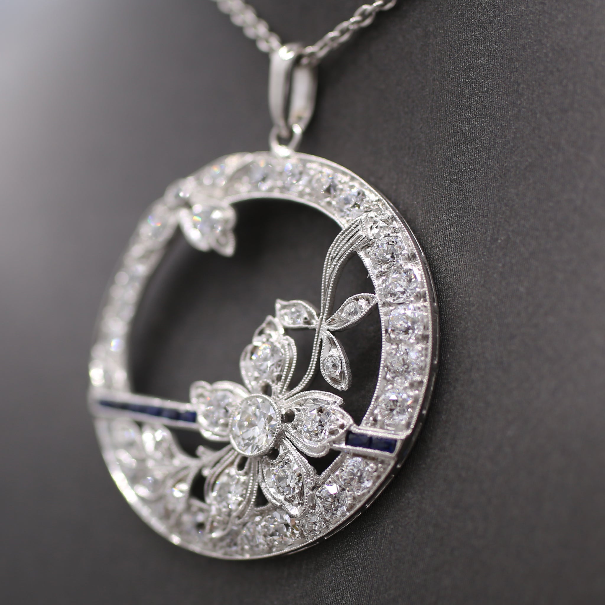 Exquisite Art Deco Old Cut Diamond and Sapphire Floral Pendant in Platinum
