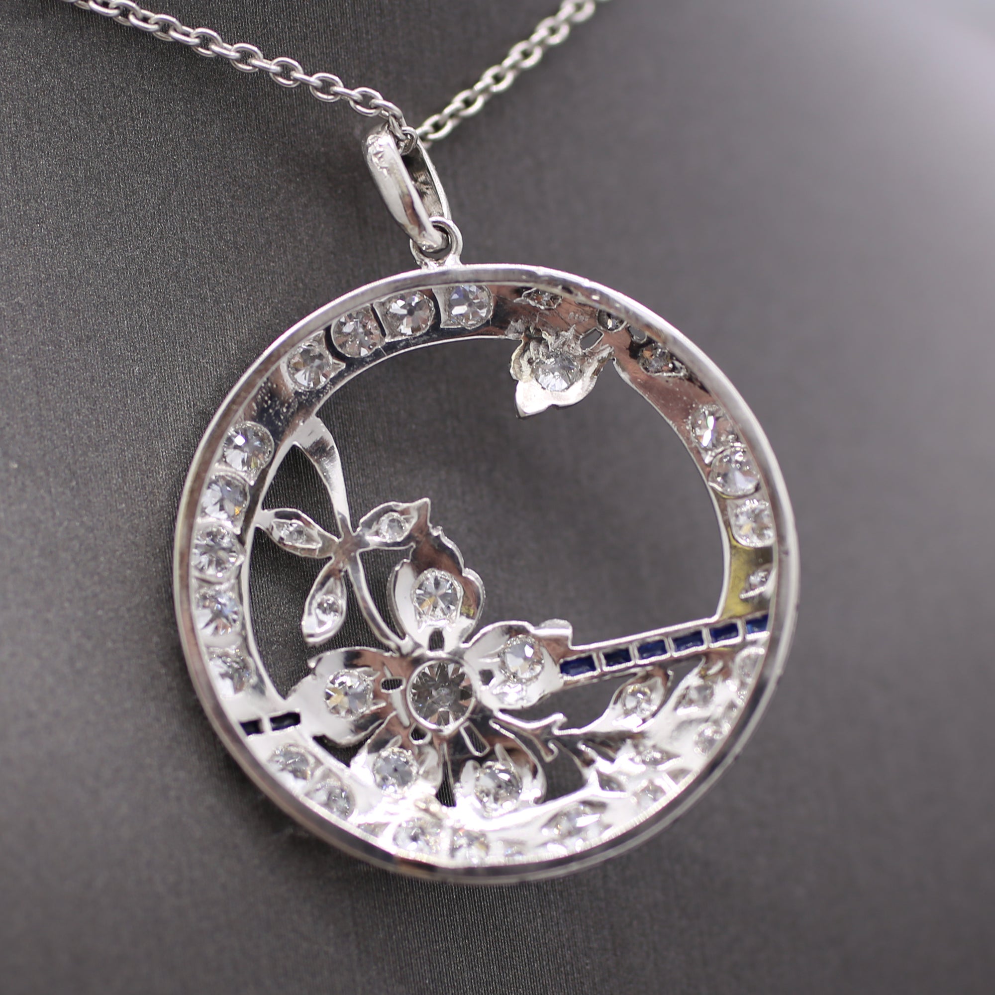 Exquisite Art Deco Old Cut Diamond and Sapphire Floral Pendant in Platinum
