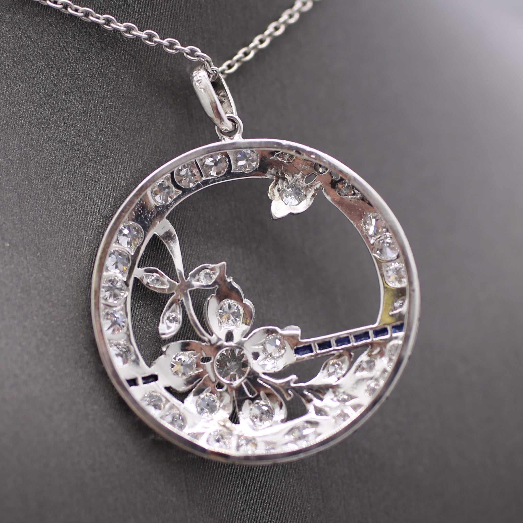 Exquisite Art Deco Old Cut Diamond and Sapphire Floral Pendant in Platinum