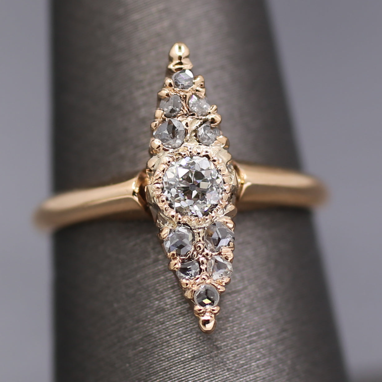 Antique Victorian Old Cut and Rose Cut Diamond Navette Ring in 14k Rosy Gold
