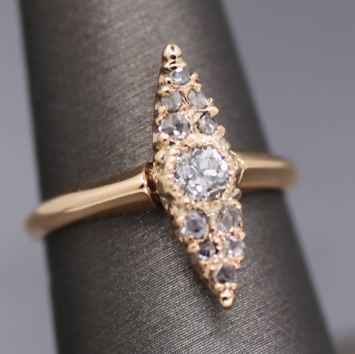 Antique Victorian Old Cut and Rose Cut Diamond Navette Ring in 14k Rosy Gold