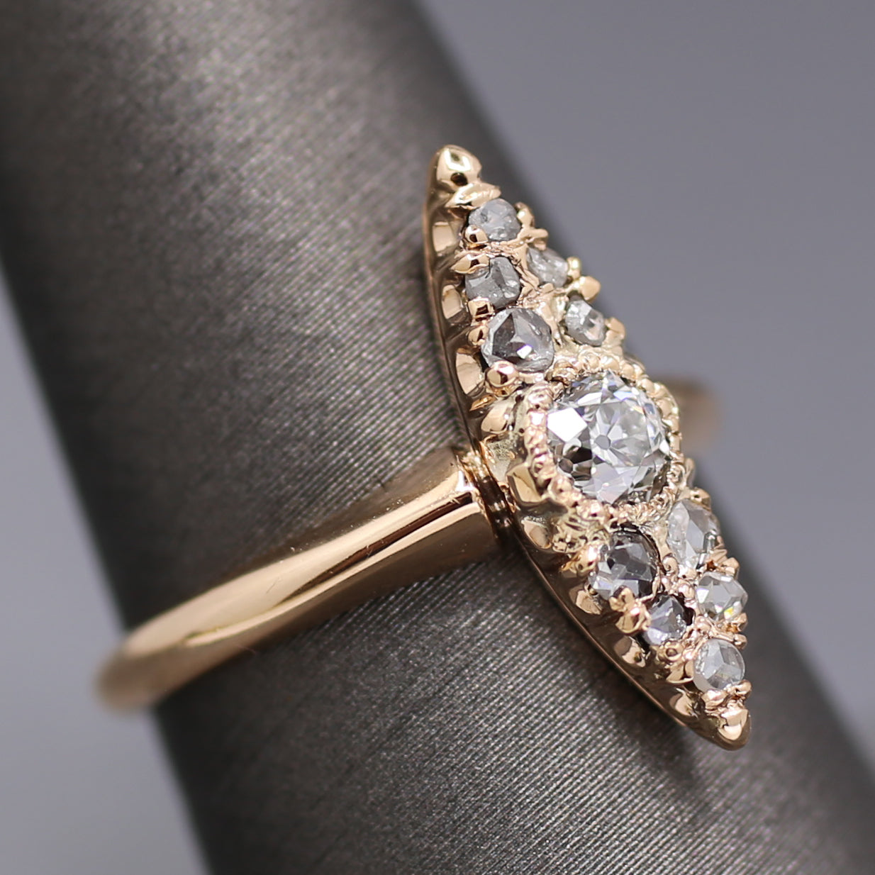 Antique Victorian Old Cut and Rose Cut Diamond Navette Ring in 14k Rosy Gold