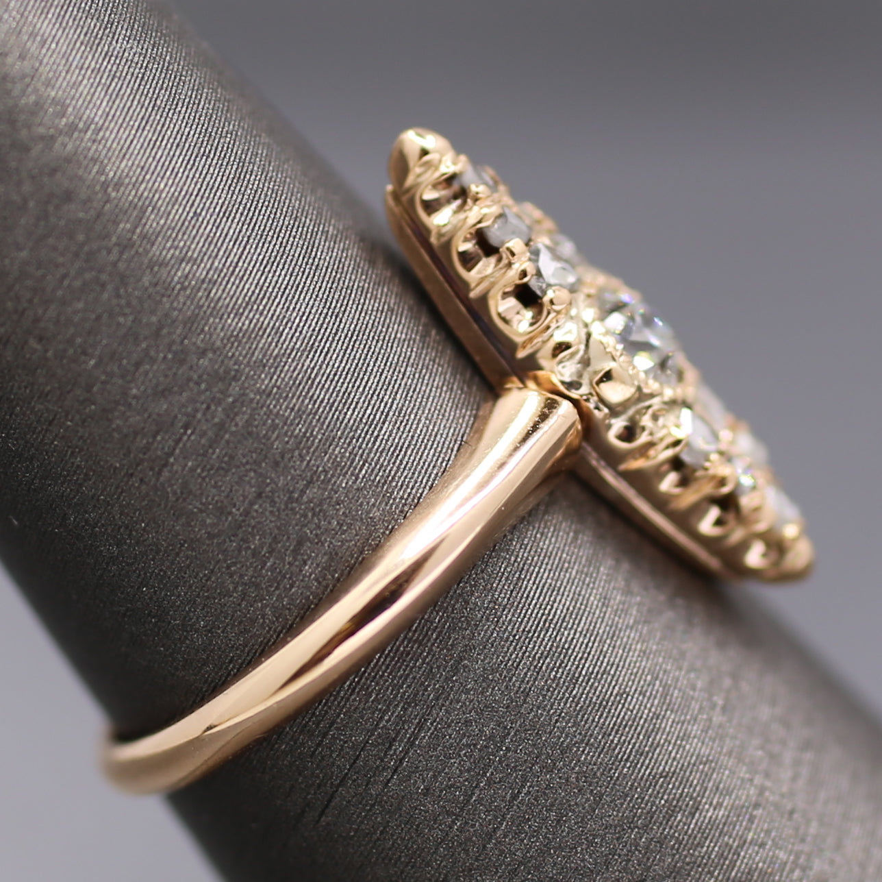 Antique Victorian Old Cut and Rose Cut Diamond Navette Ring in 14k Rosy Gold