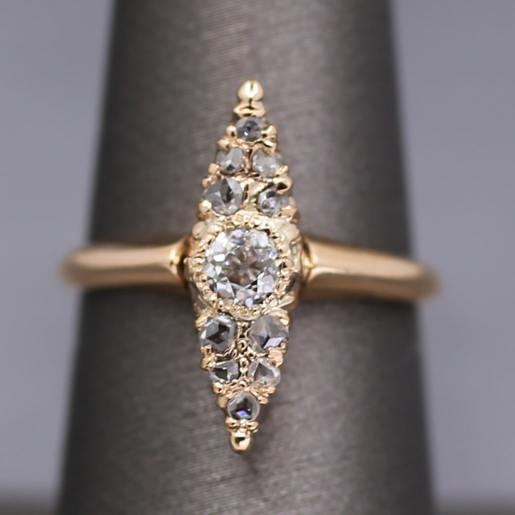 Antique Victorian Old Cut and Rose Cut Diamond Navette Ring in 14k Rosy Gold