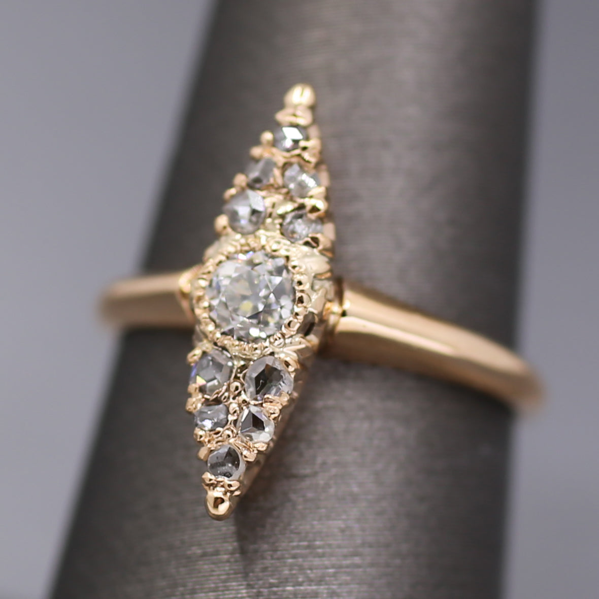 Antique Victorian Old Cut and Rose Cut Diamond Navette Ring in 14k Rosy Gold