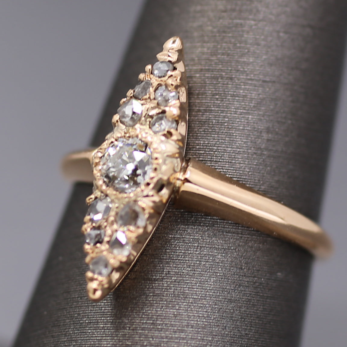 Antique Victorian Old Cut and Rose Cut Diamond Navette Ring in 14k Rosy Gold
