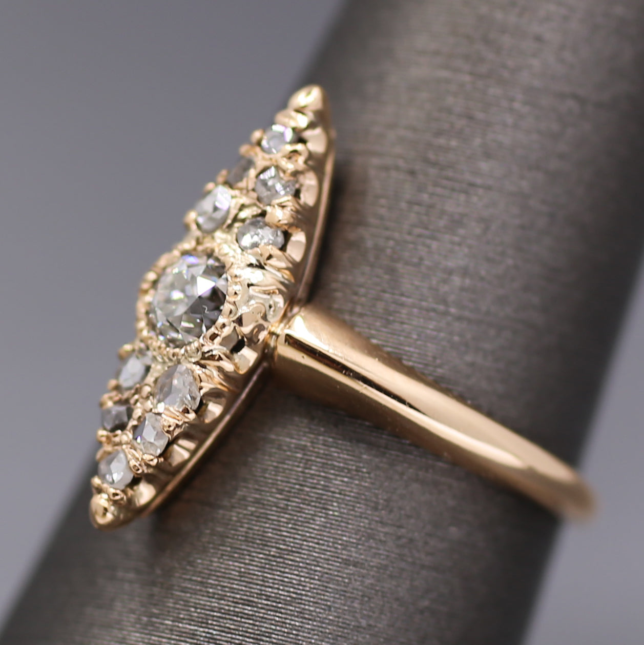Antique Victorian Old Cut and Rose Cut Diamond Navette Ring in 14k Rosy Gold