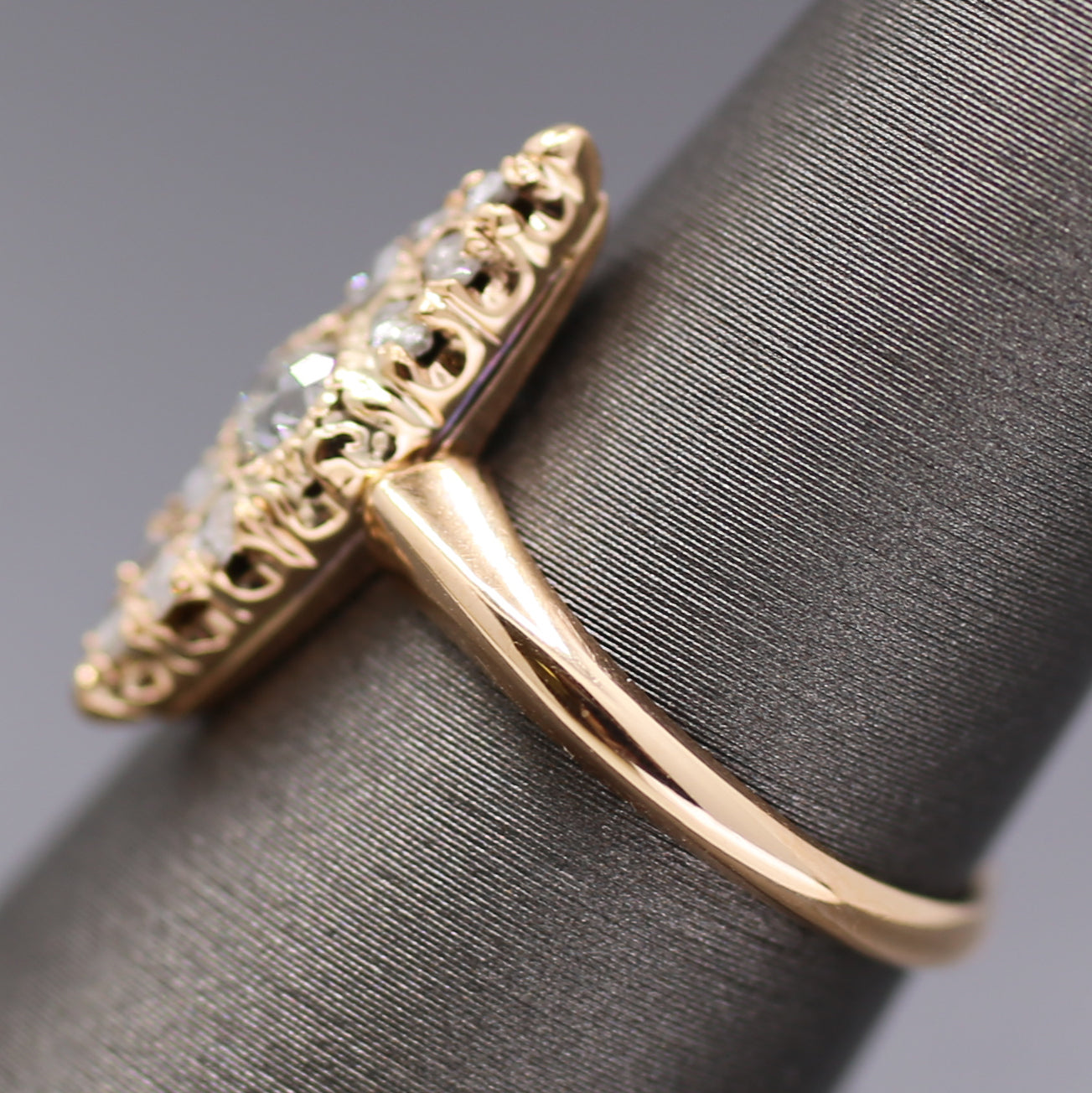 Antique Victorian Old Cut and Rose Cut Diamond Navette Ring in 14k Rosy Gold