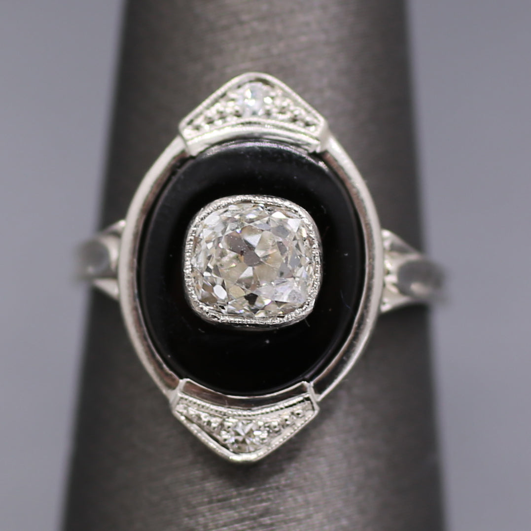 Incredible Art Deco Old Mine Cut Diamond Onyx Ring in Platinum