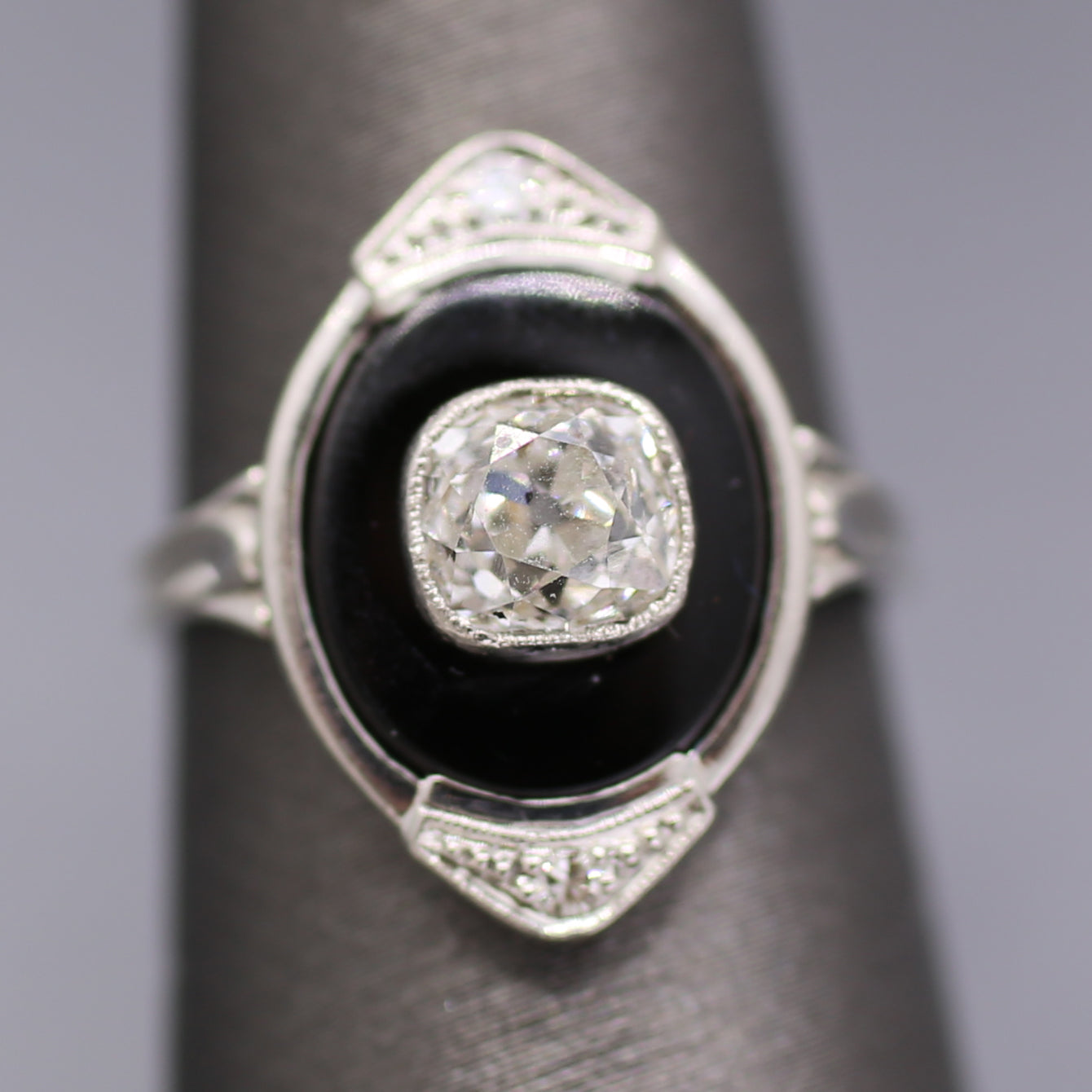 Incredible Art Deco Old Mine Cut Diamond Onyx Ring in Platinum