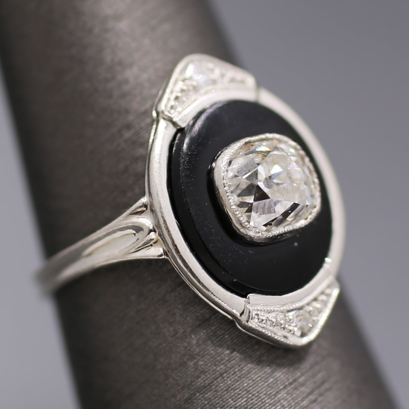 Incredible Art Deco Old Mine Cut Diamond Onyx Ring in Platinum