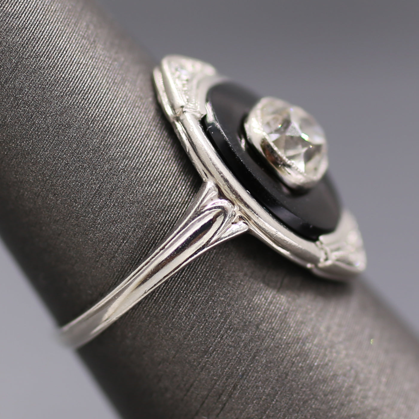 Incredible Art Deco Old Mine Cut Diamond Onyx Ring in Platinum