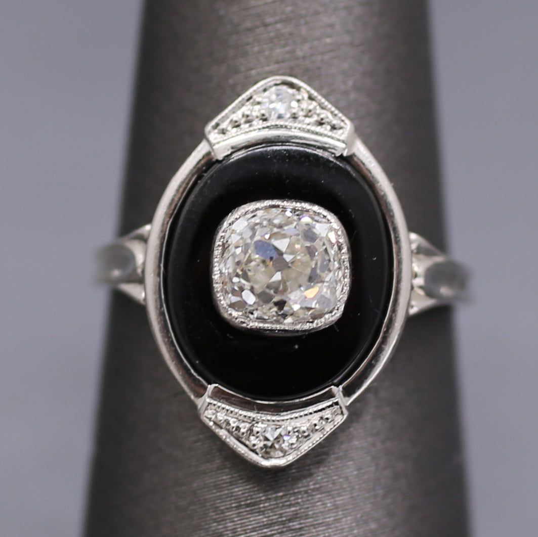 Incredible Art Deco Old Mine Cut Diamond Onyx Ring in Platinum