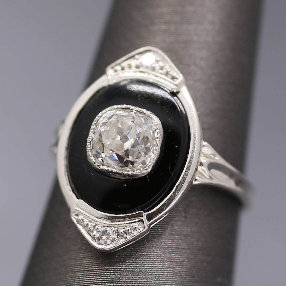 Incredible Art Deco Old Mine Cut Diamond Onyx Ring in Platinum