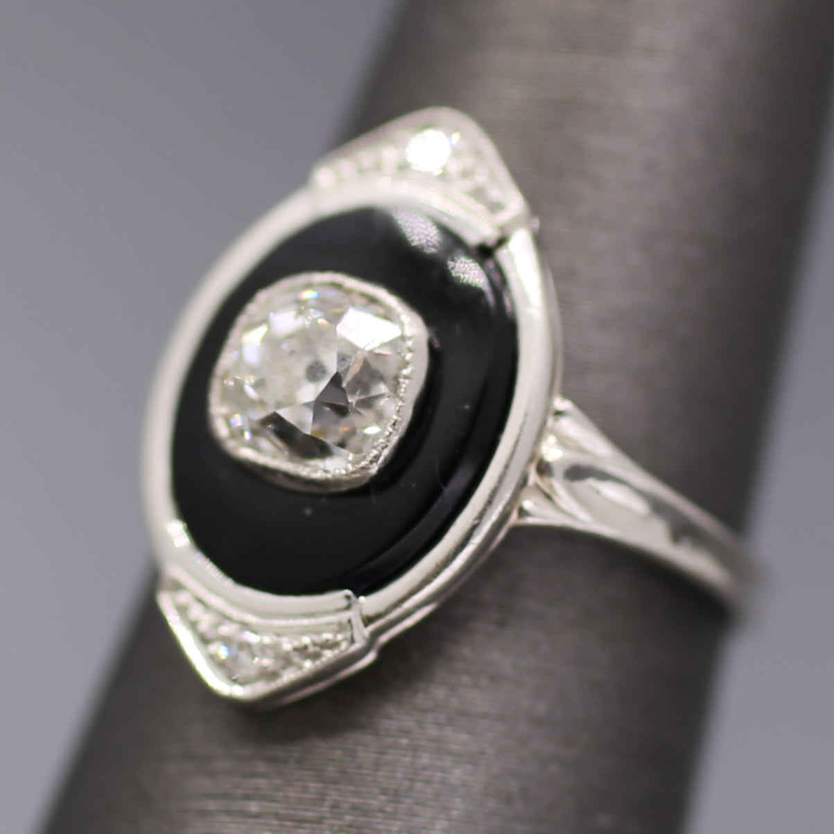 Incredible Art Deco Old Mine Cut Diamond Onyx Ring in Platinum
