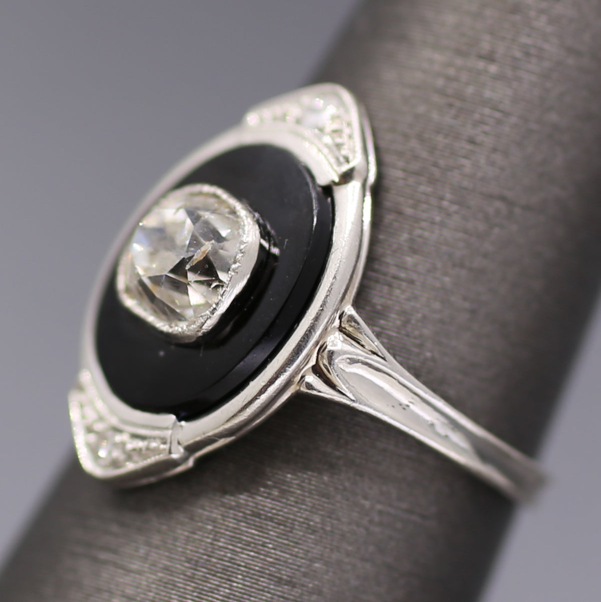 Incredible Art Deco Old Mine Cut Diamond Onyx Ring in Platinum