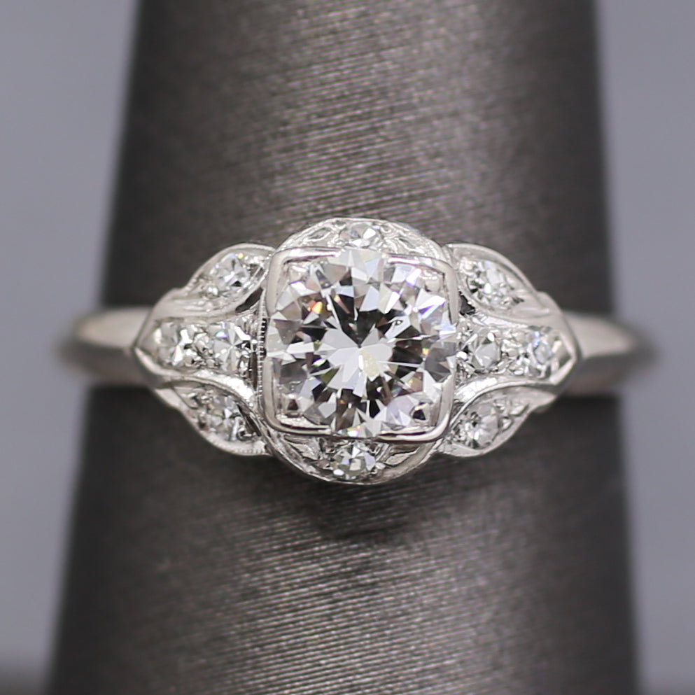 Late Art Deco Transitional Cut Diamond Scalloped Engagement Ring in Platinum