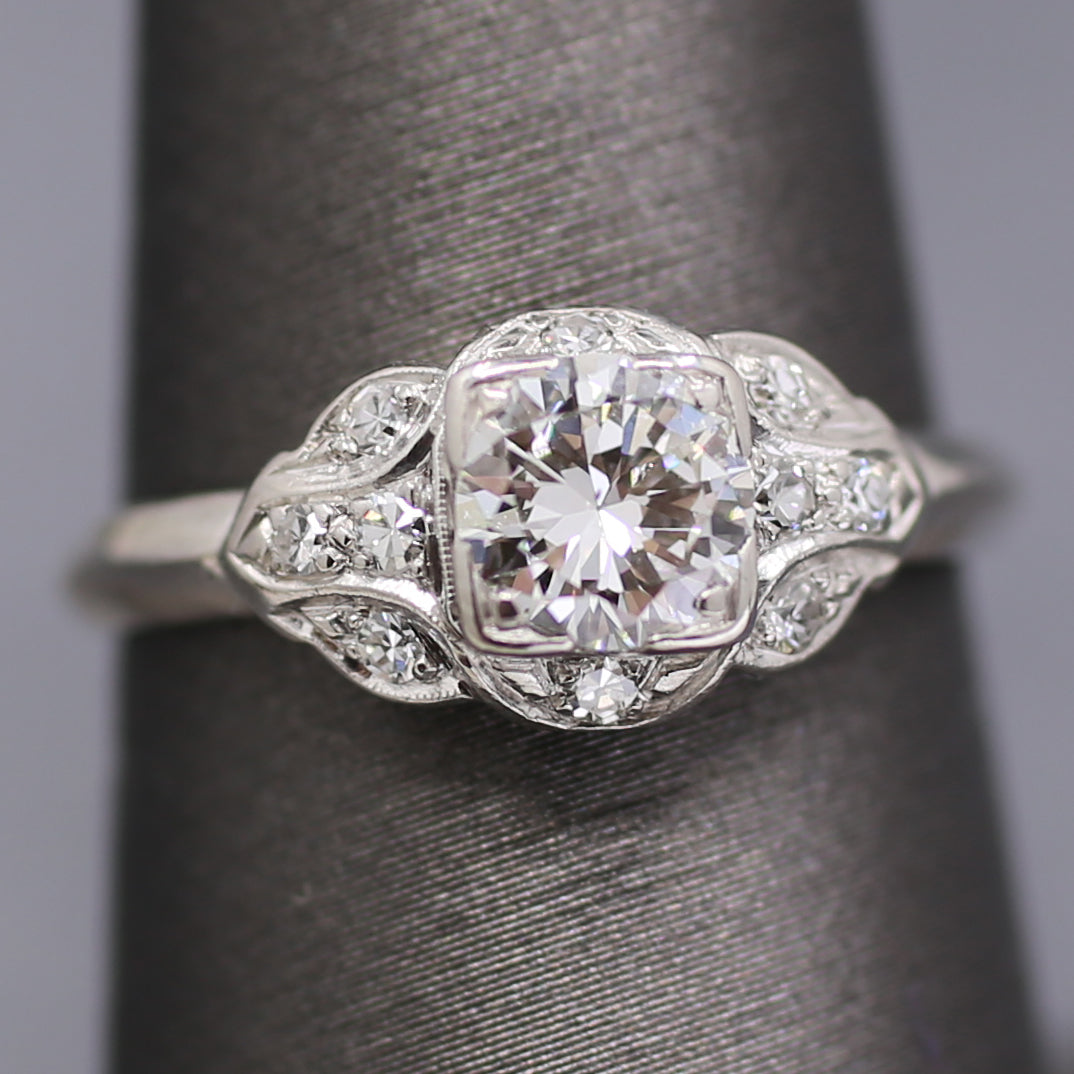 Late Art Deco Transitional Cut Diamond Scalloped Engagement Ring in Platinum