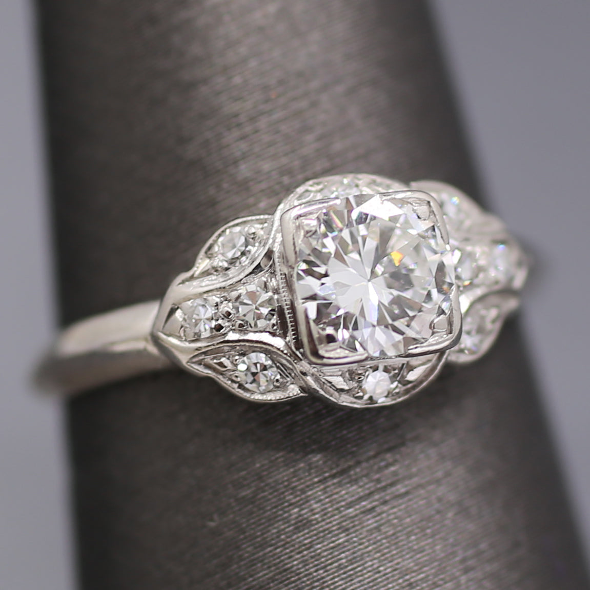 Late Art Deco Transitional Cut Diamond Scalloped Engagement Ring in Platinum